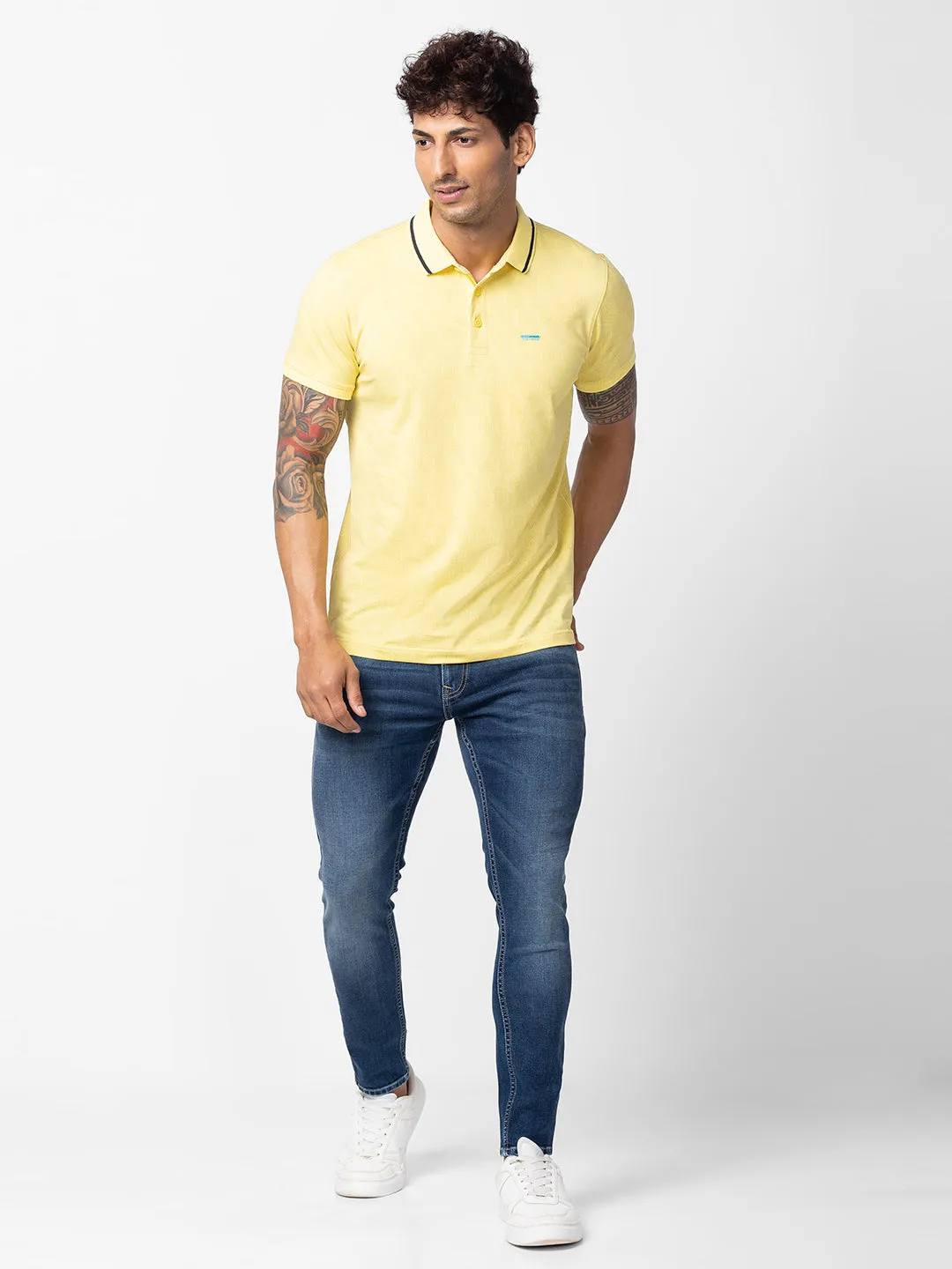 Spykar Men Powder Yellow Cotton Regular Fit Half Sleeve Printed Polo T-Shirt