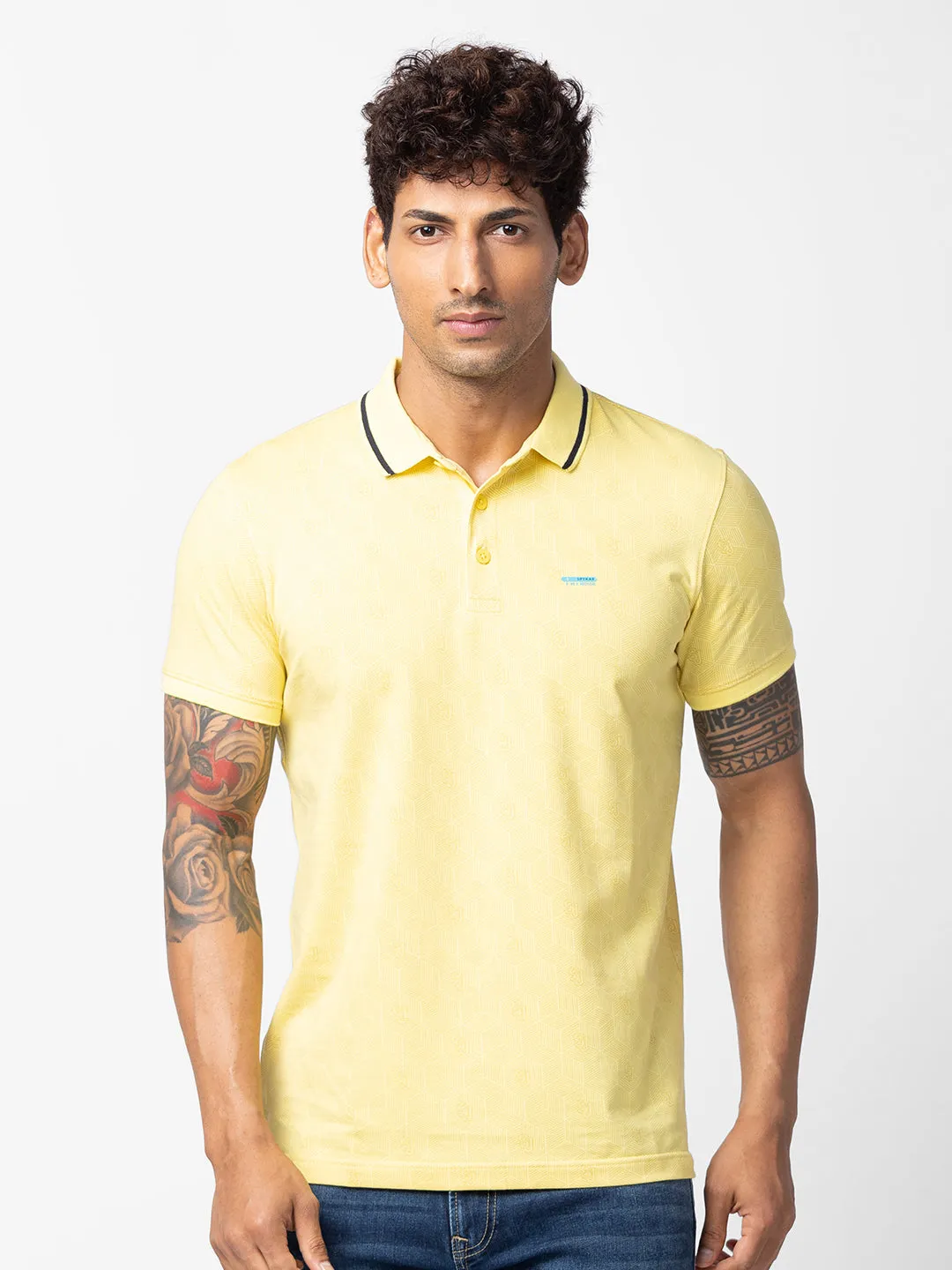 Spykar Men Powder Yellow Cotton Regular Fit Half Sleeve Printed Polo T-Shirt