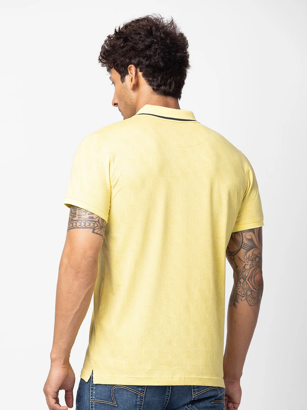 Spykar Men Powder Yellow Cotton Regular Fit Half Sleeve Printed Polo T-Shirt