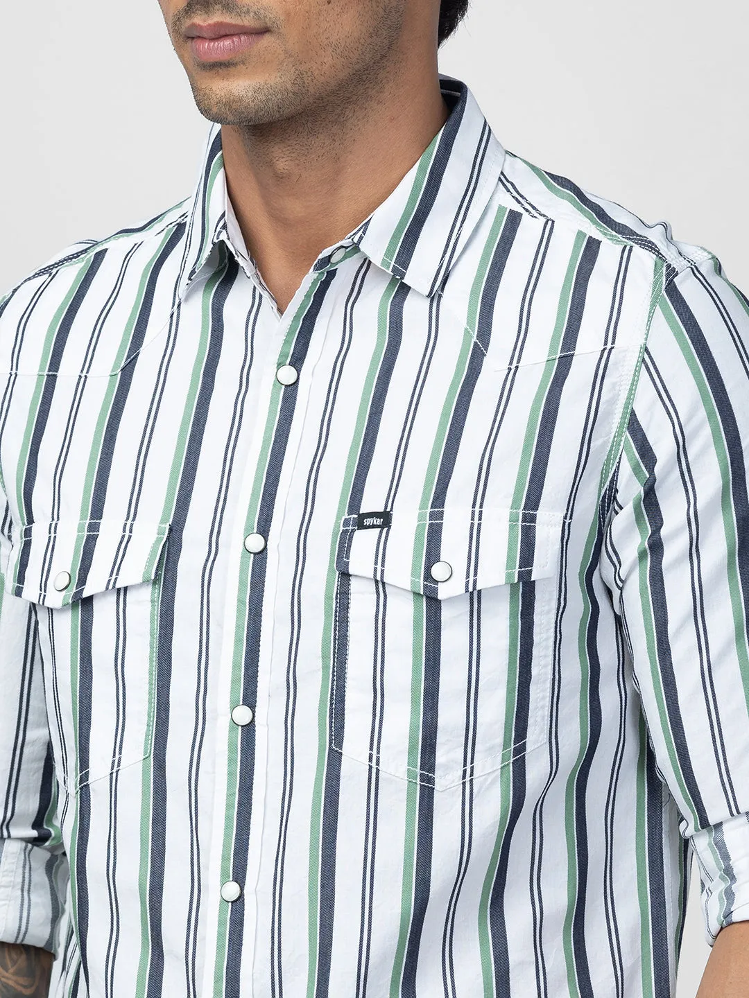 Spykar Men Sage Green Cotton Slim Fit Striped Shirt