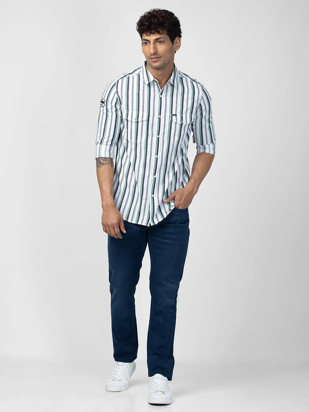 Spykar Men Sage Green Cotton Slim Fit Striped Shirt