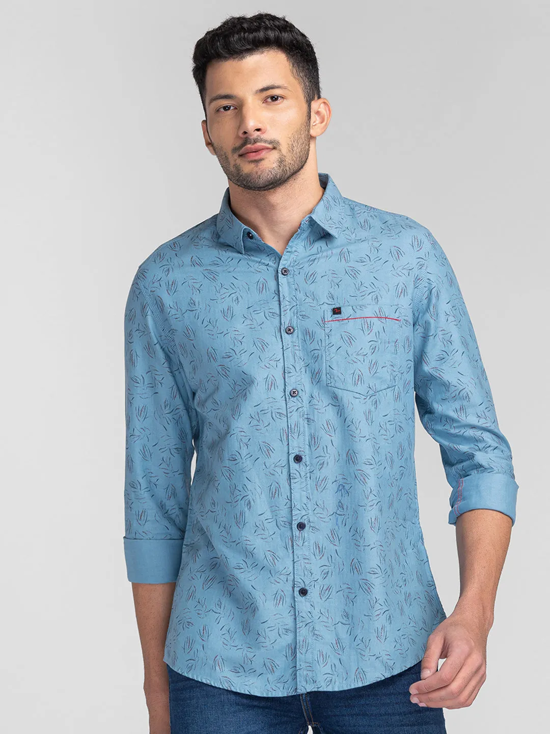 Spykar Men Sky Blue Cotton Slim Fit Printed Shirts