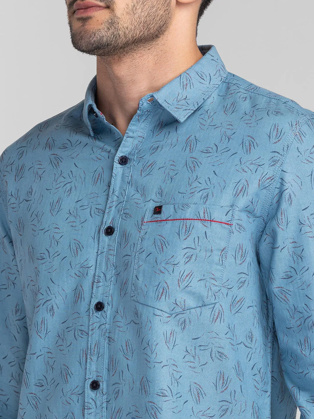 Spykar Men Sky Blue Cotton Slim Fit Printed Shirts