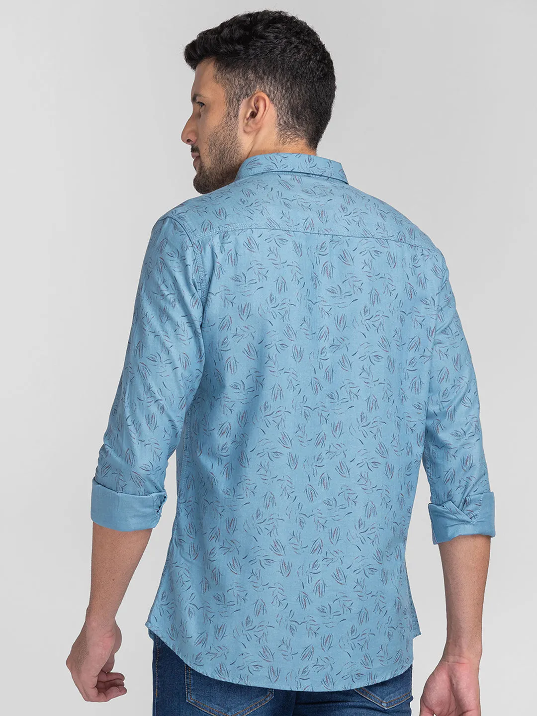 Spykar Men Sky Blue Cotton Slim Fit Printed Shirts