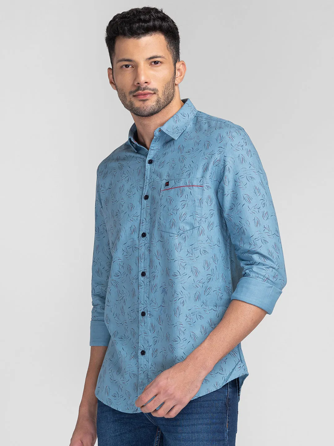 Spykar Men Sky Blue Cotton Slim Fit Printed Shirts