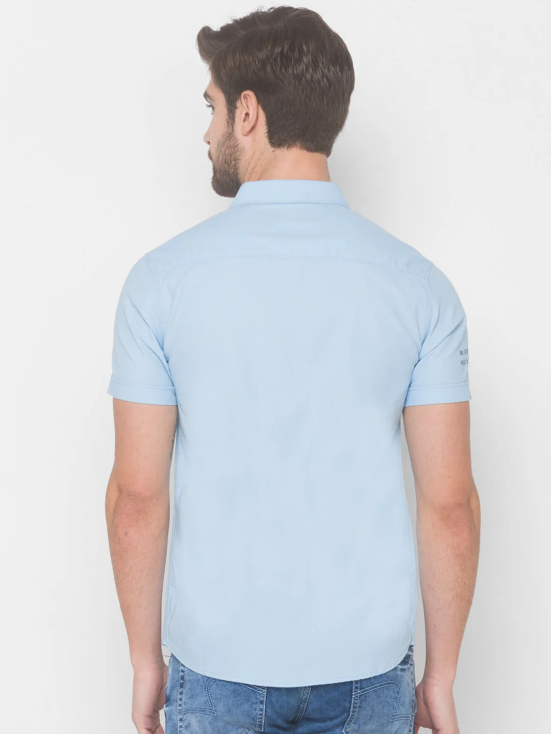 Spykar Men Sky Blue Cotton Slim Fit Shirt