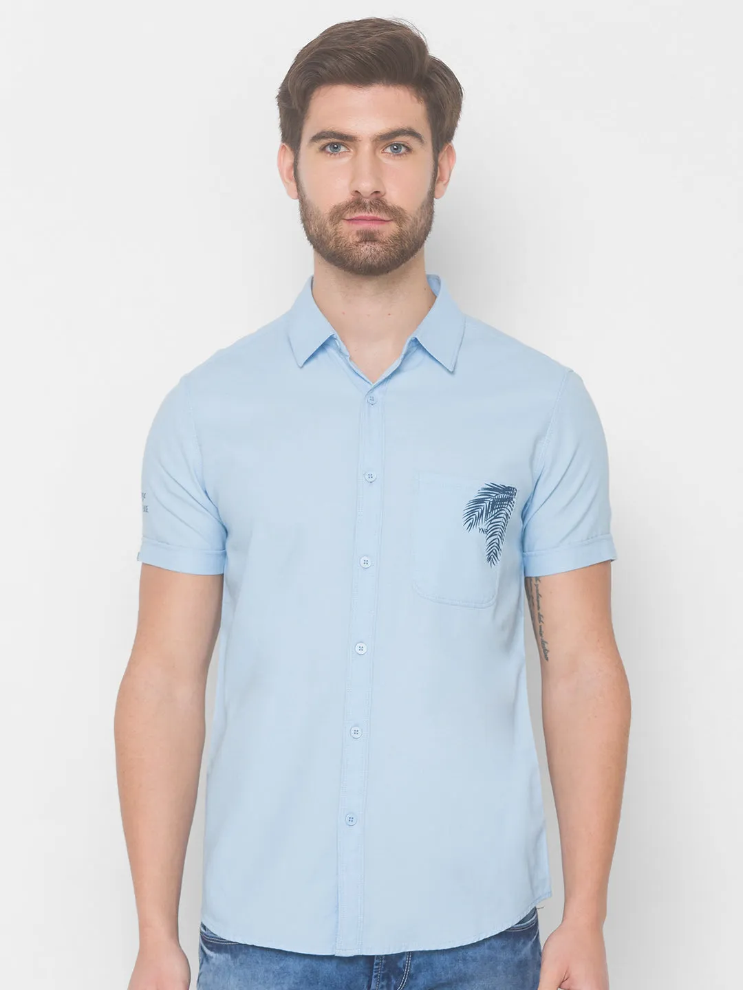 Spykar Men Sky Blue Cotton Slim Fit Shirt