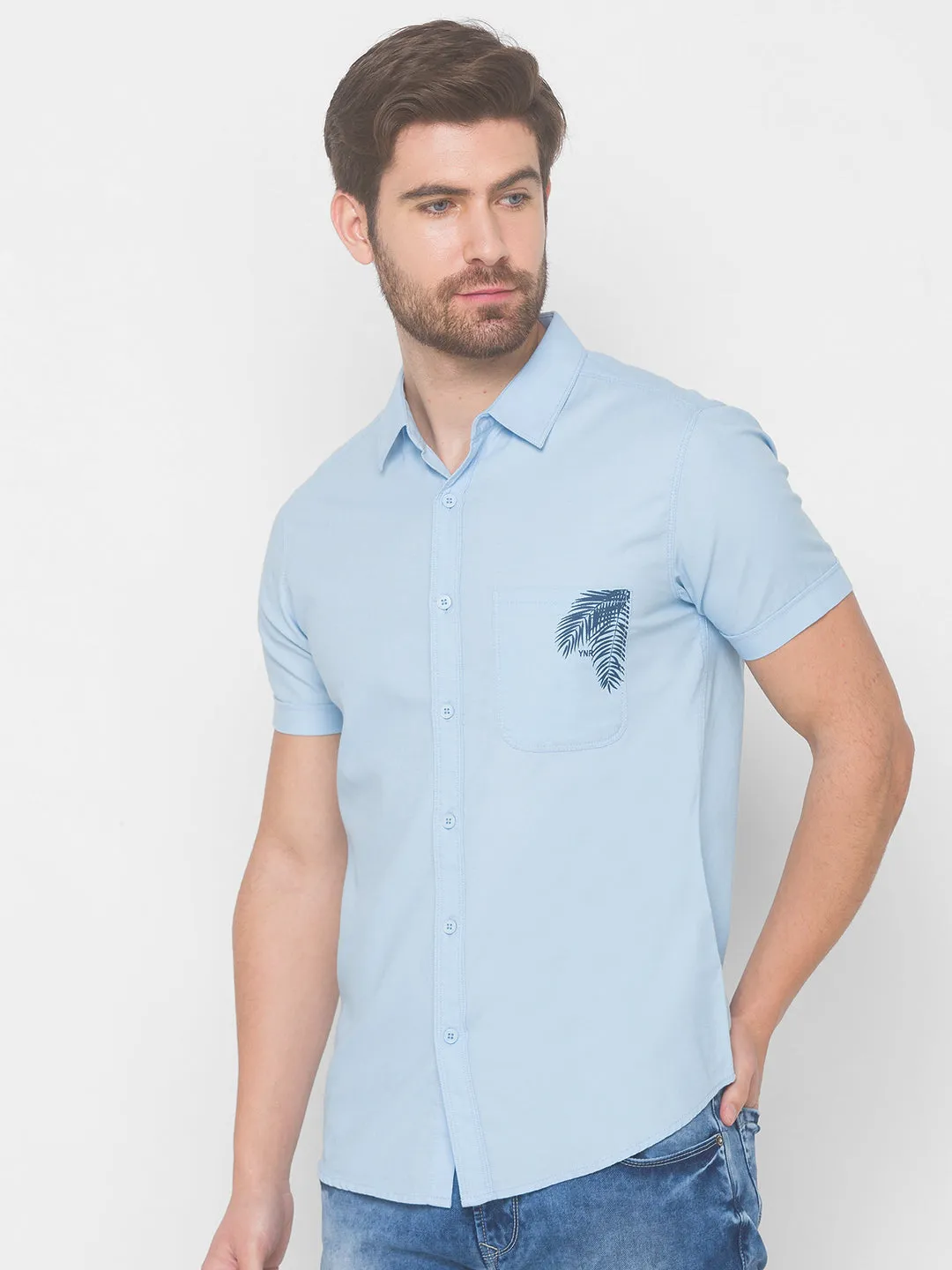 Spykar Men Sky Blue Cotton Slim Fit Shirt