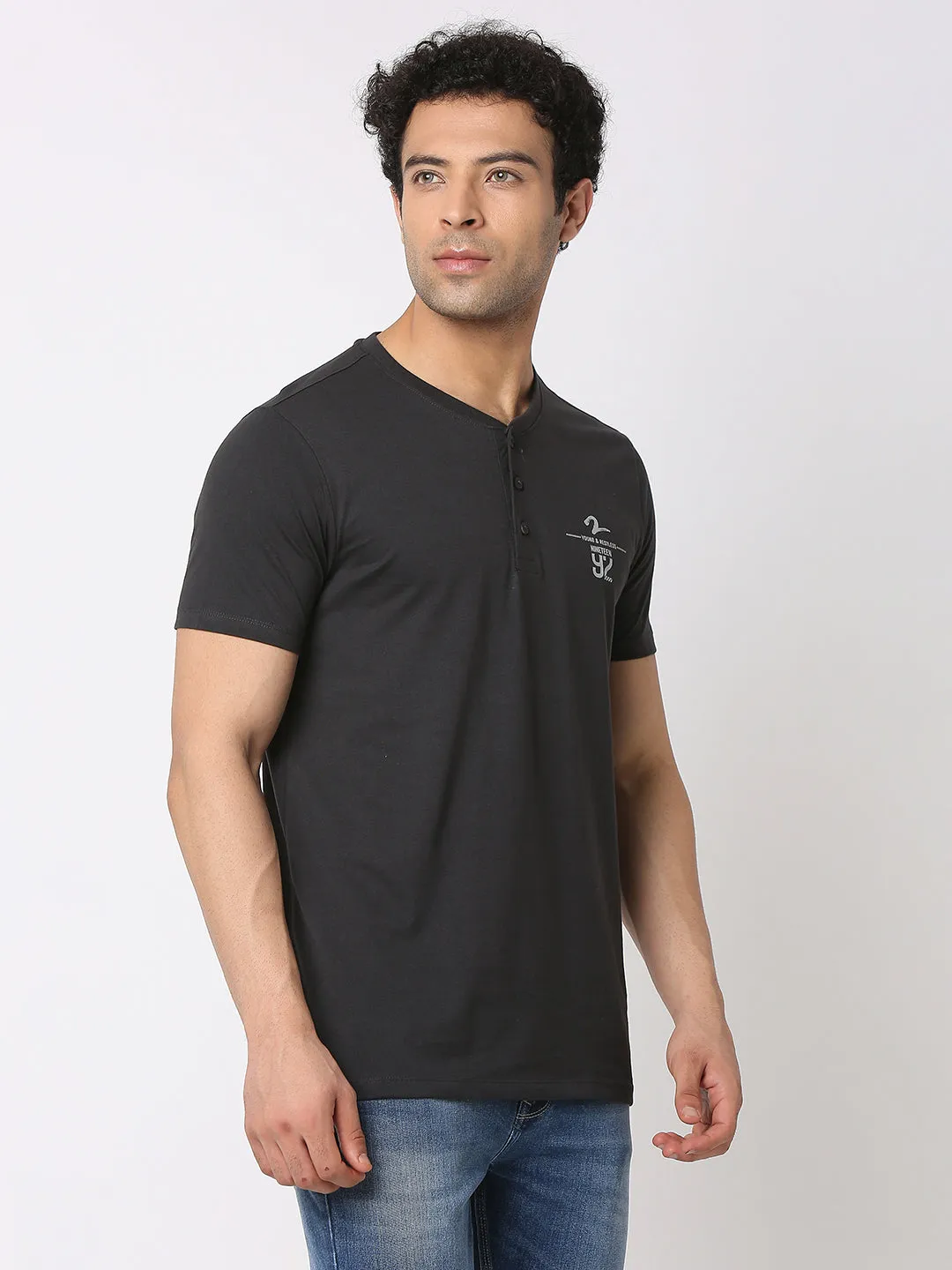 Spykar Men Slate Grey Cotton Slim Fit Henley Neck Plain T-Shirt