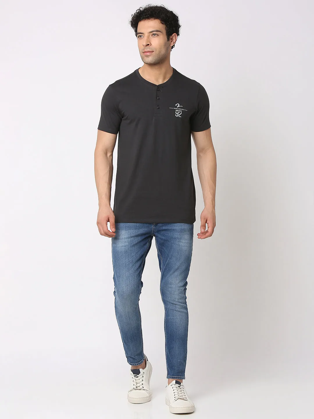 Spykar Men Slate Grey Cotton Slim Fit Henley Neck Plain T-Shirt