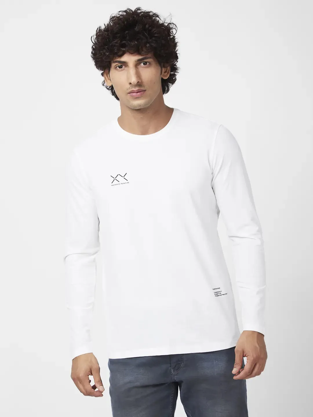 Spykar Men White Blended Slim Fit Full Sleeve Round Neck Casual Plain Tshirt