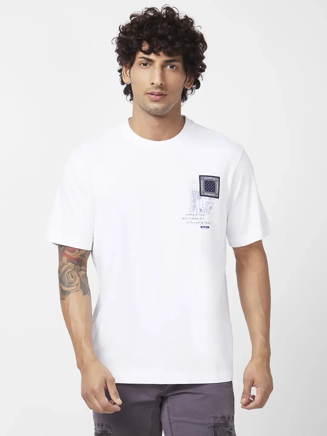 Spykar Men White Cotton Comfort Fit Half Sleeve Round Neck Printed Tshirt