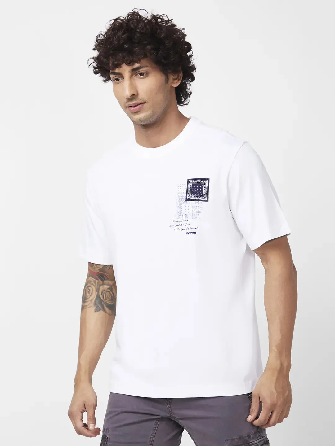 Spykar Men White Cotton Comfort Fit Half Sleeve Round Neck Printed Tshirt