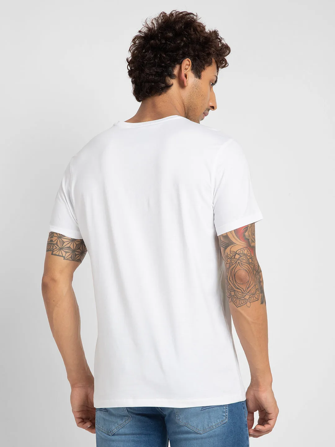 Spykar Men White Cotton Slim Fit Printed Round Neck T-Shirt