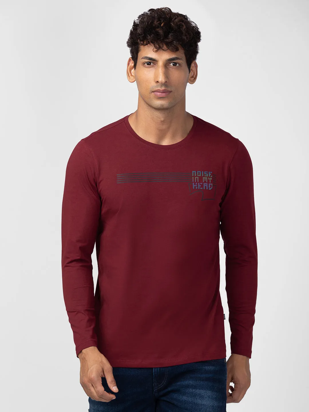 Spykar Men Wine Cotton Regular Fit Full Sleeve Printed T-Shirt