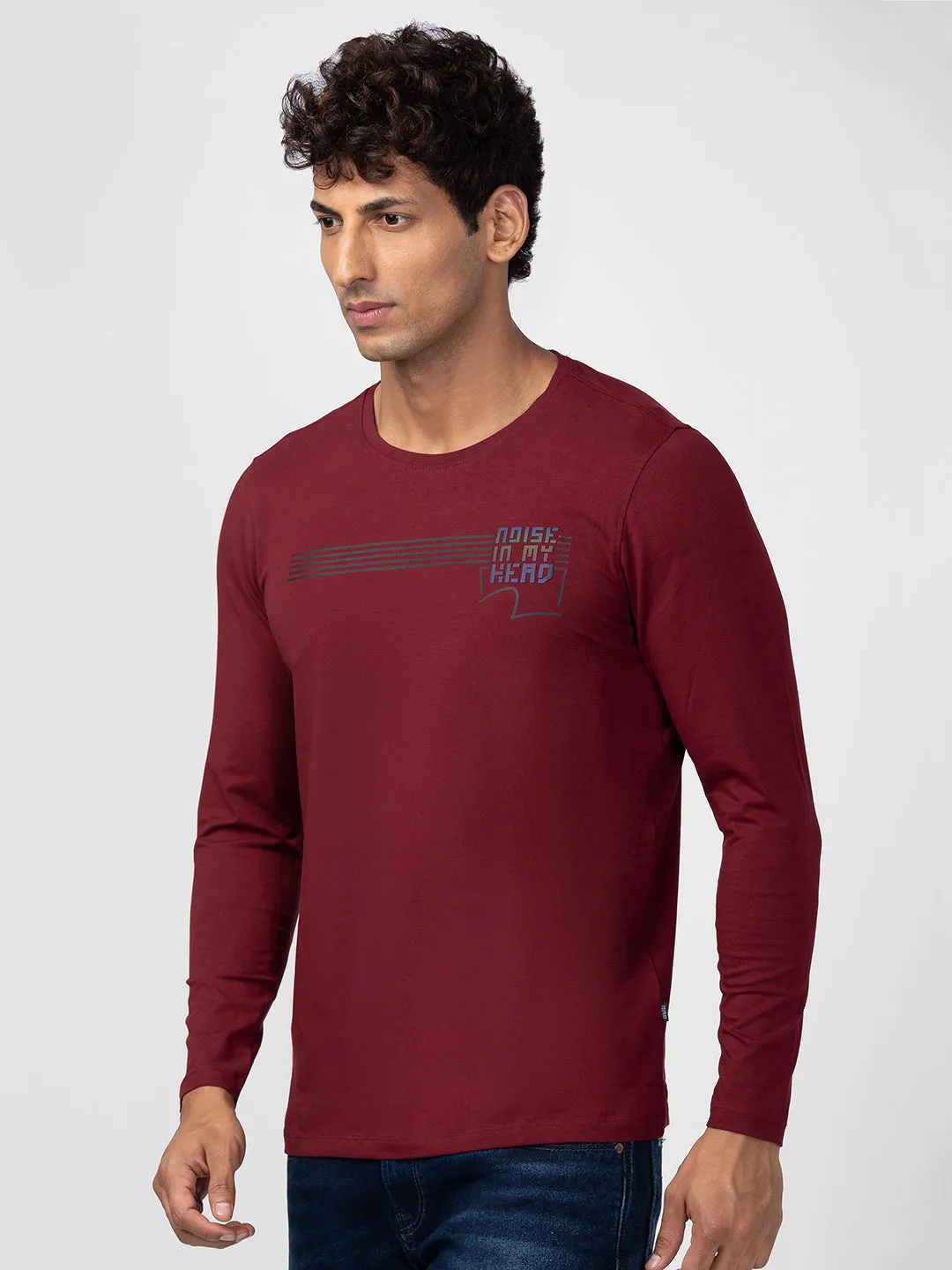 Spykar Men Wine Cotton Regular Fit Full Sleeve Printed T-Shirt