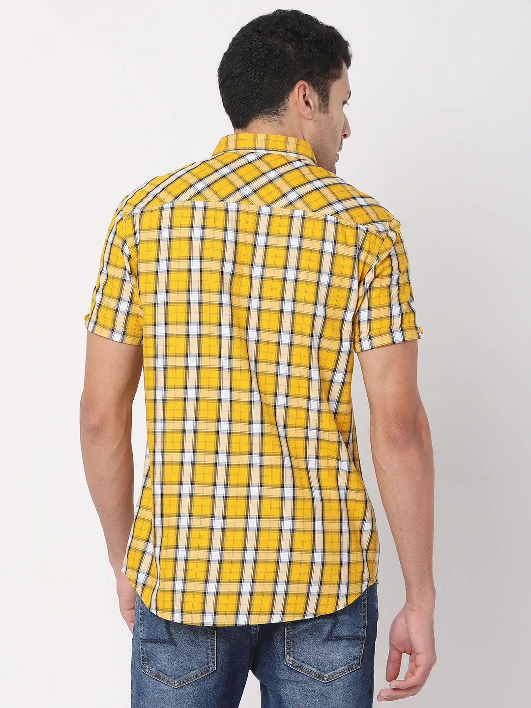 Spykar Men Yellow Cotton Half Sleeve Checkered Shirt