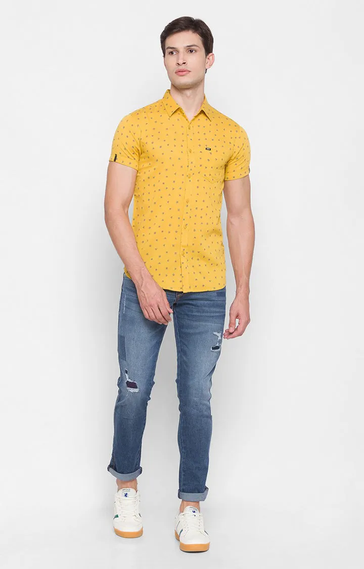 Spykar Men Yellow Cotton Slim Fit Half Sleeve Printed Shirt