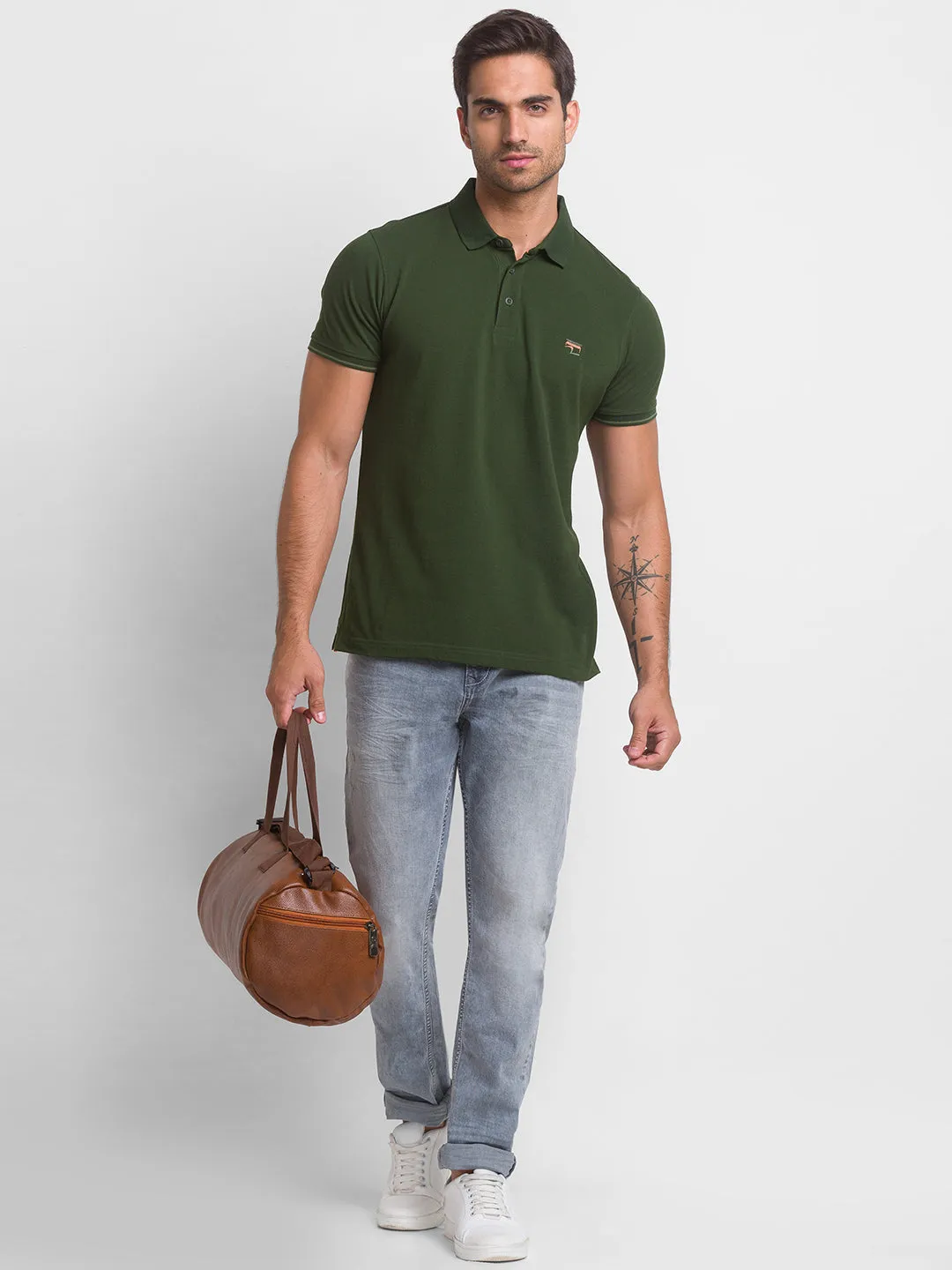 Spykar Rifle Green Half Sleeve Plain Casual Polo T-Shirt For Men