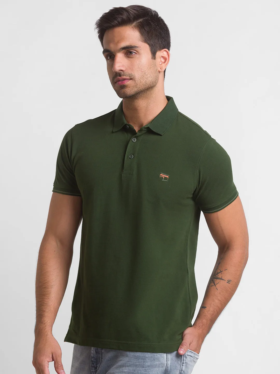 Spykar Rifle Green Half Sleeve Plain Casual Polo T-Shirt For Men