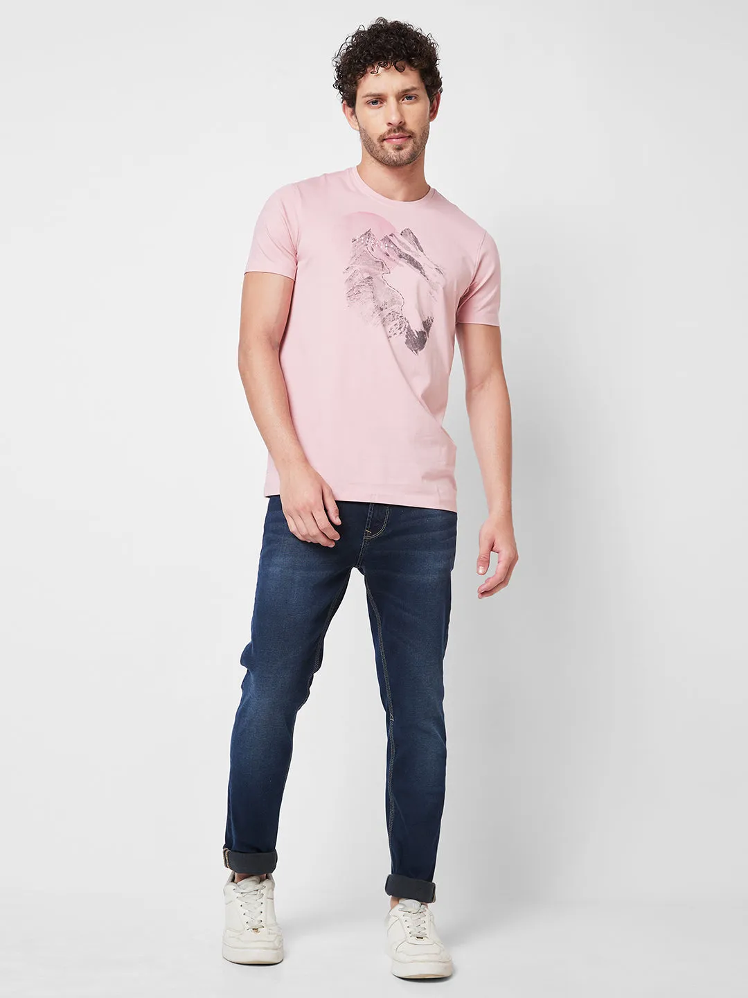 Spykar ROUND NECK HALF SLEEVES Pink T-shirt  For Men