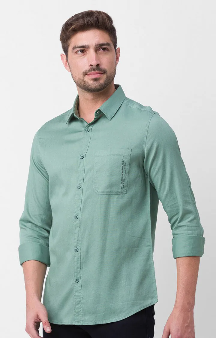 Spykar Sage Green Cotton Full Sleeve Plain Shirt For Men