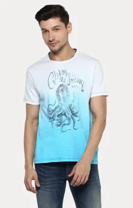 Spykar White & Blue Printed Slim Fit Men T-Shirts