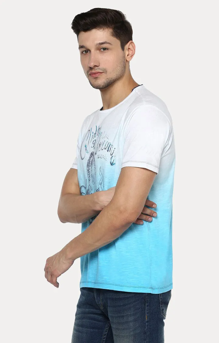 Spykar White & Blue Printed Slim Fit Men T-Shirts