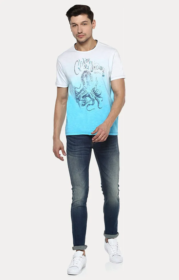 Spykar White & Blue Printed Slim Fit Men T-Shirts