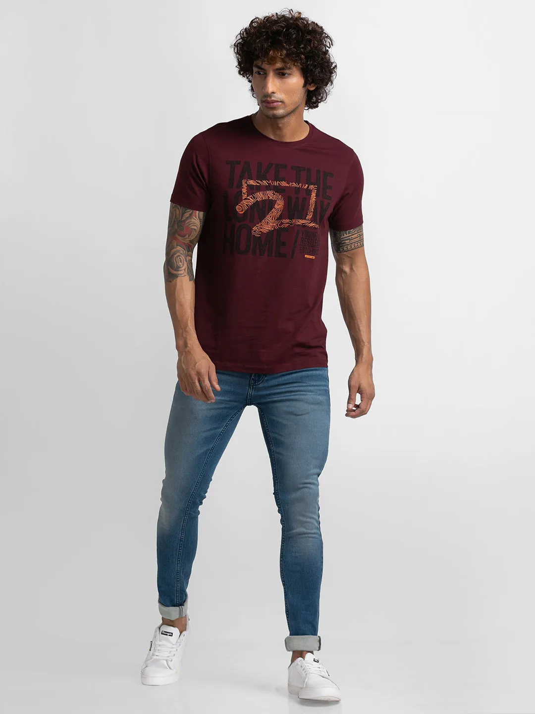 Spykar Wine Cotton Half Sleeve Printed Casual T-Shirt For Men