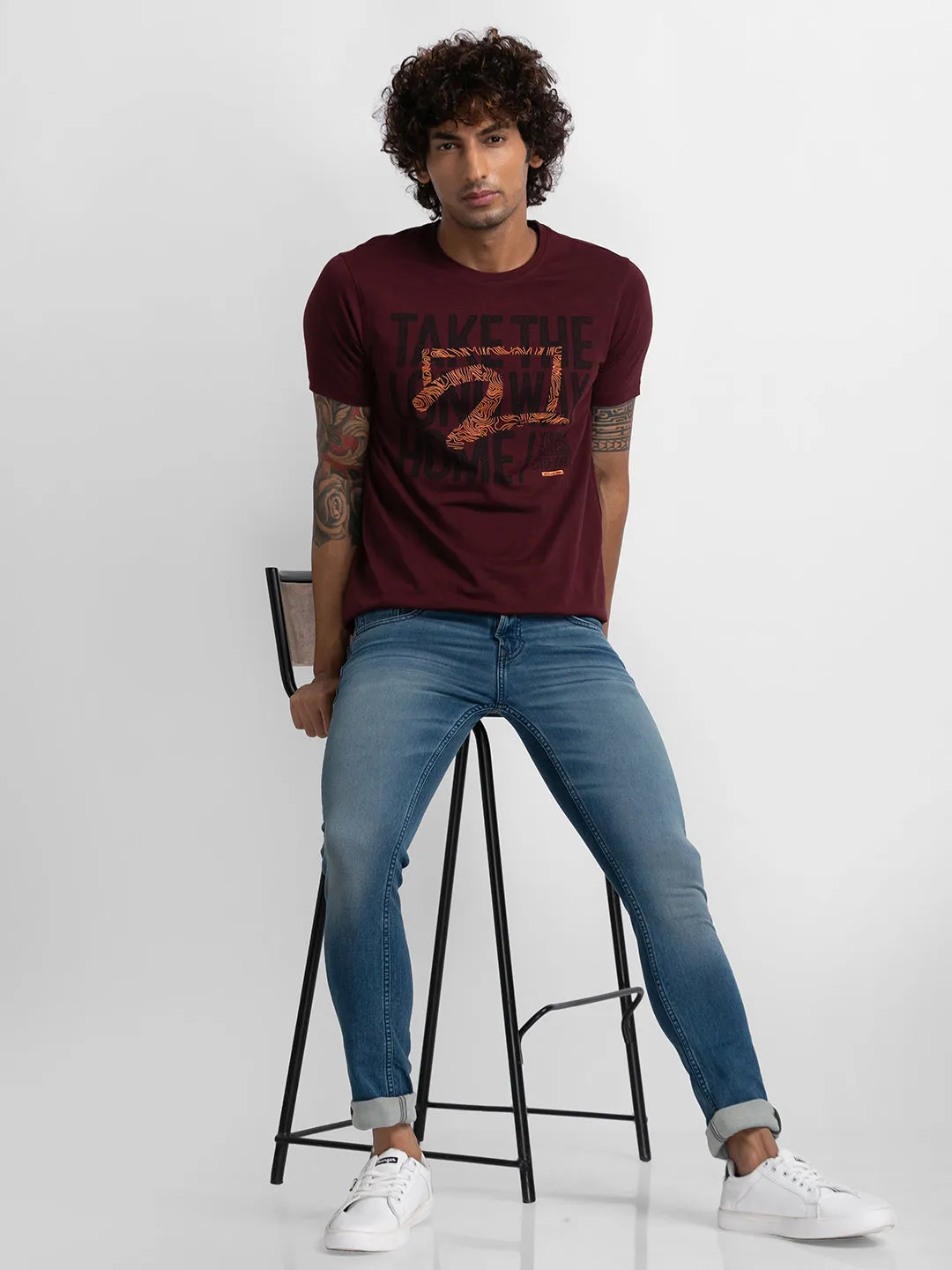 Spykar Wine Cotton Half Sleeve Printed Casual T-Shirt For Men