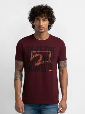 Spykar Wine Cotton Half Sleeve Printed Casual T-Shirt For Men