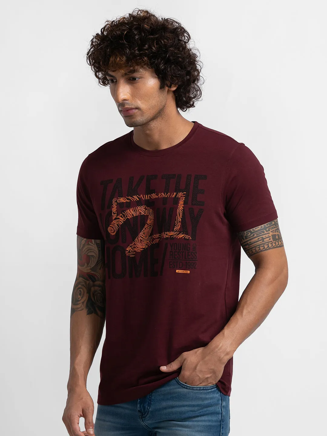 Spykar Wine Cotton Half Sleeve Printed Casual T-Shirt For Men