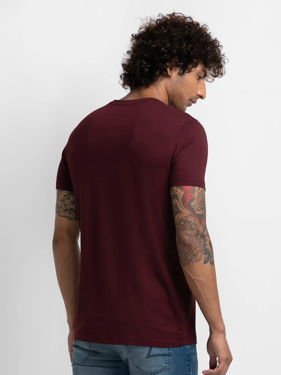 Spykar Wine Cotton Half Sleeve Printed Casual T-Shirt For Men