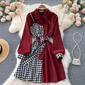 Stylish Houndstooth Contrast Long Sleeve Dress     S224