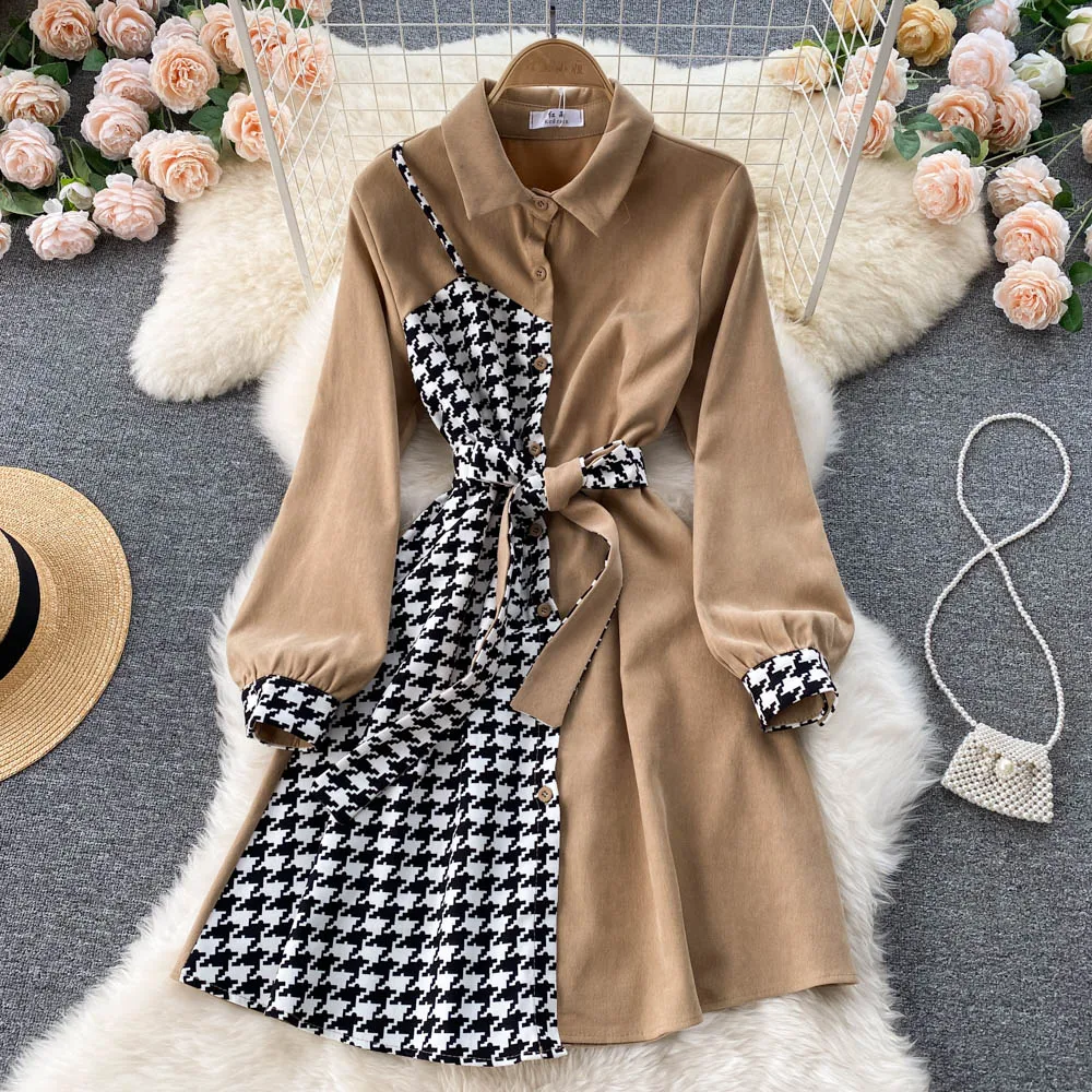 Stylish Houndstooth Contrast Long Sleeve Dress     S224