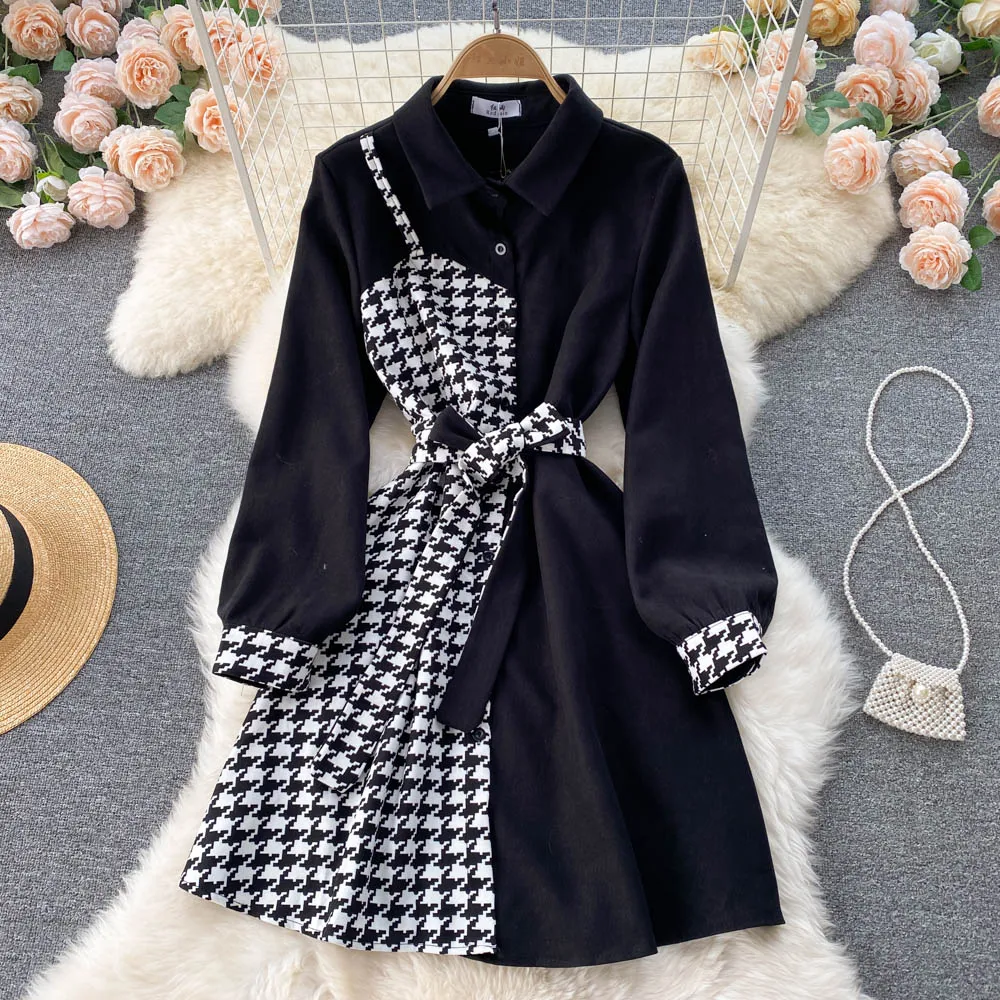 Stylish Houndstooth Contrast Long Sleeve Dress     S224