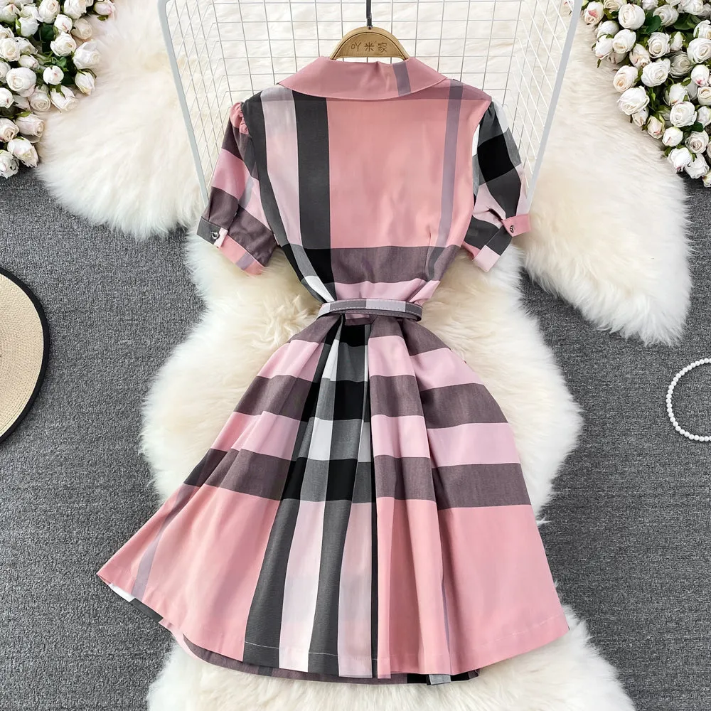 Stylish v-neck blouse plaid dress    S403