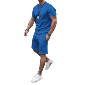 Summer Solid Blue Sports Hawaiian Suit Short Sleeve