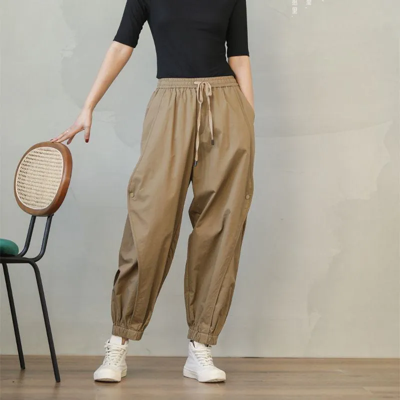 Tapered Elastic Waist Harem Pure Cotton Lantern Loose Fit Drawstring Pants