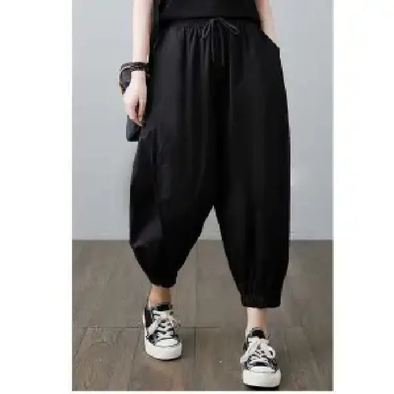 Tapered Elastic Waist Harem Pure Cotton Lantern Loose Fit Drawstring Pants