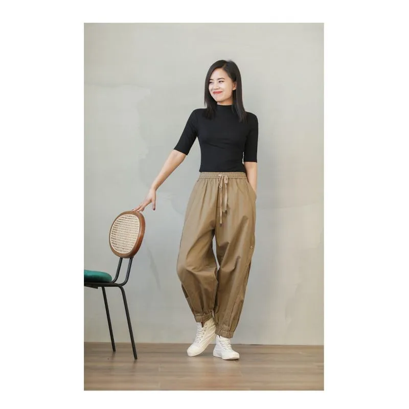 Tapered Elastic Waist Harem Pure Cotton Lantern Loose Fit Drawstring Pants