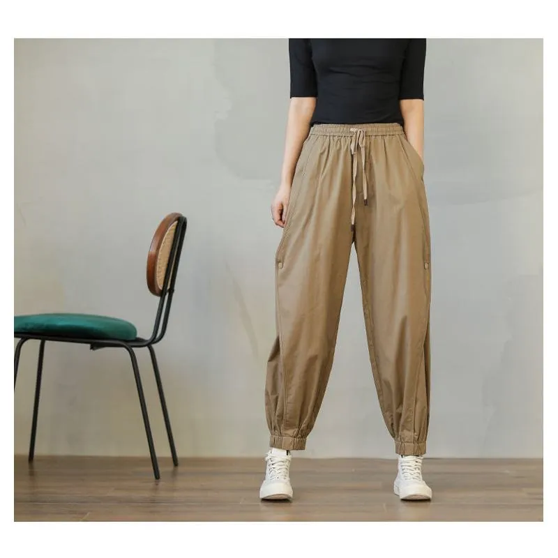 Tapered Elastic Waist Harem Pure Cotton Lantern Loose Fit Drawstring Pants