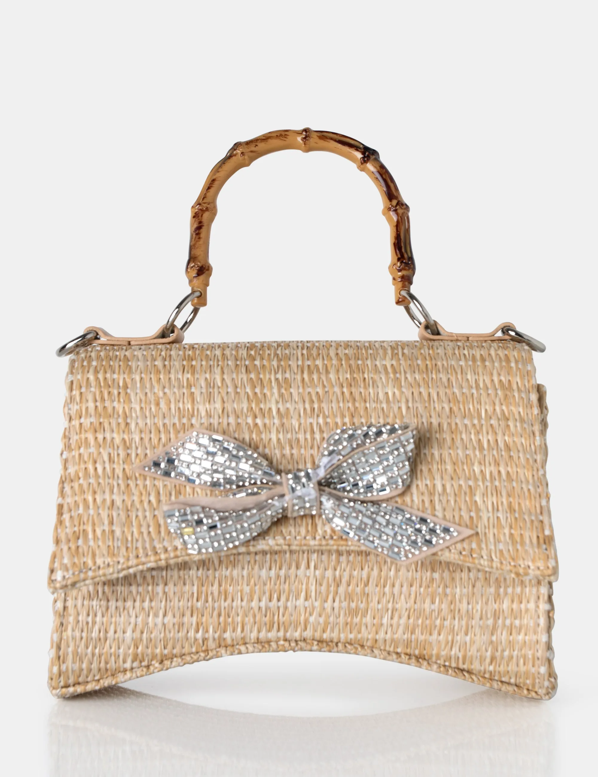 The Bow Natural Raffia Bamboo Handle Diamante Bow Grab Bag