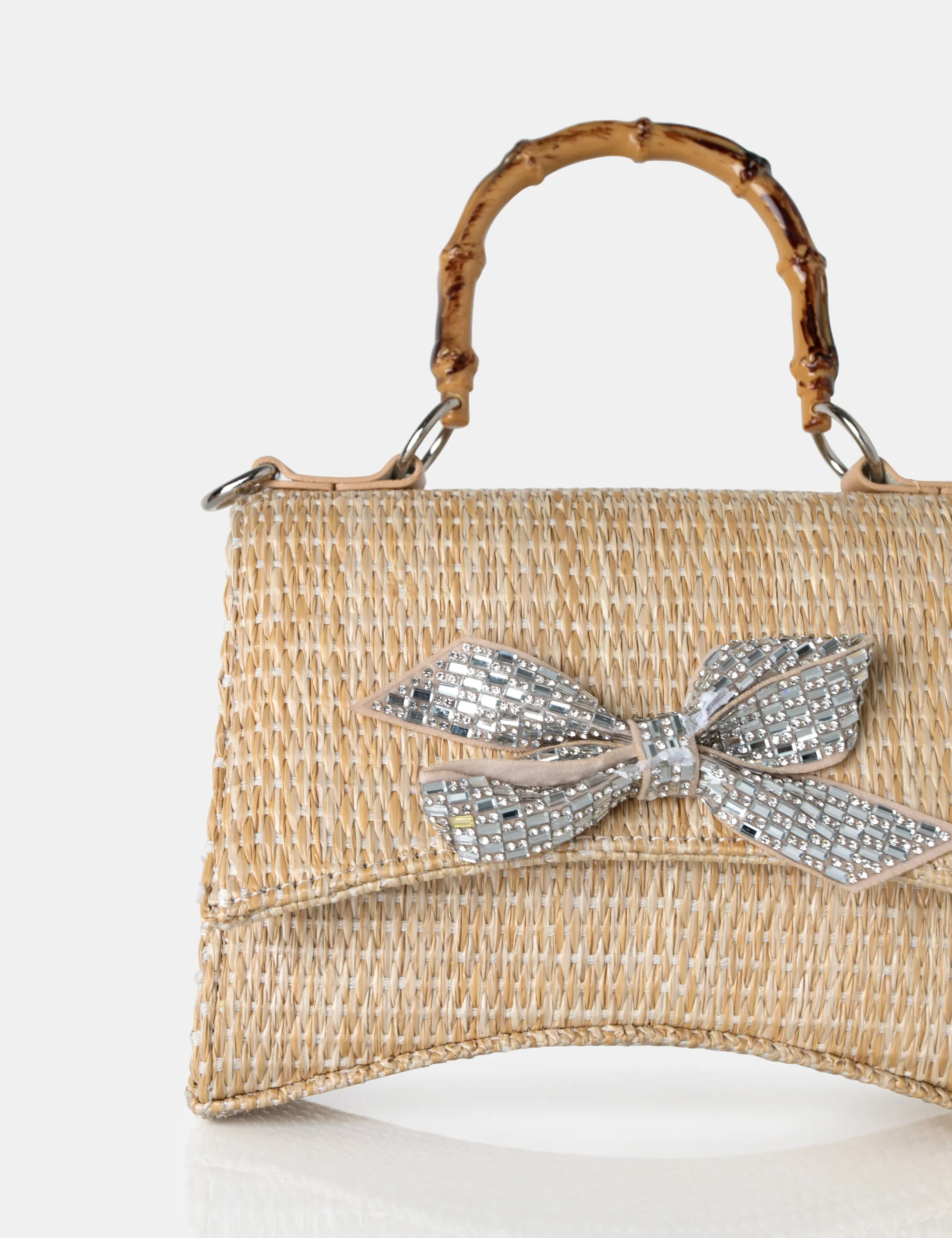 The Bow Natural Raffia Bamboo Handle Diamante Bow Grab Bag