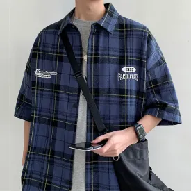 Trendy Print Plaid Cotton Short Sleeve Shirt