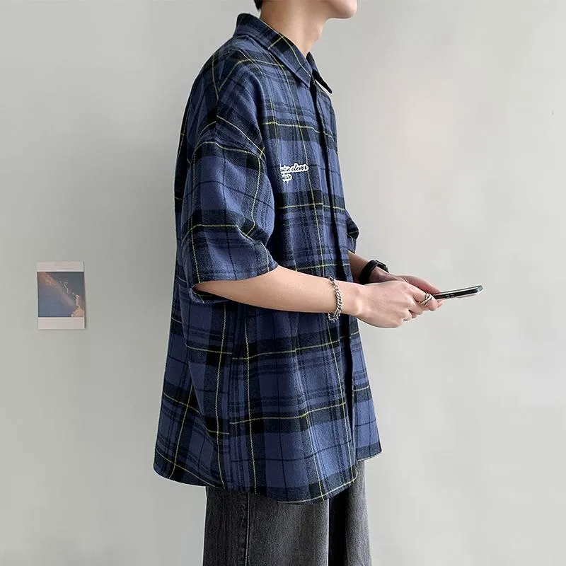 Trendy Print Plaid Cotton Short Sleeve Shirt