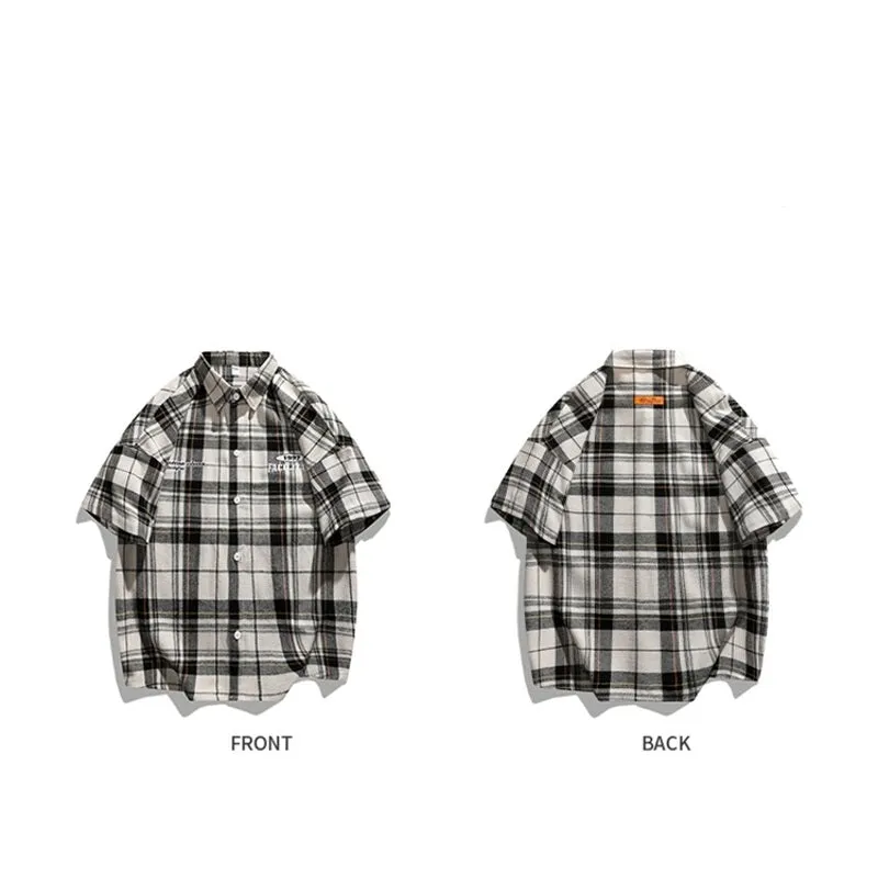 Trendy Print Plaid Cotton Short Sleeve Shirt