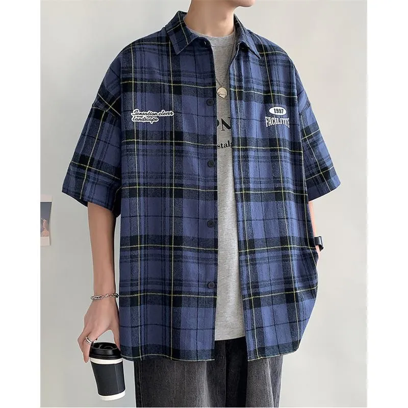 Trendy Print Plaid Cotton Short Sleeve Shirt