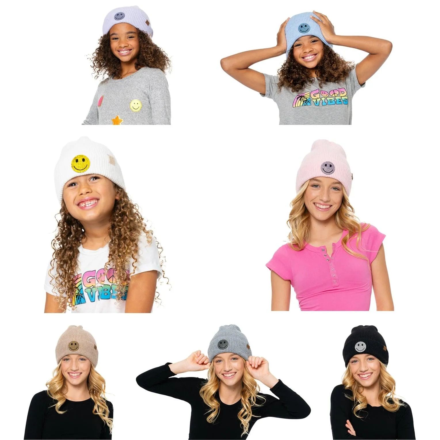 Tween Hats | Beanie with Rhinestone Smiley Face | Malibu Sugar